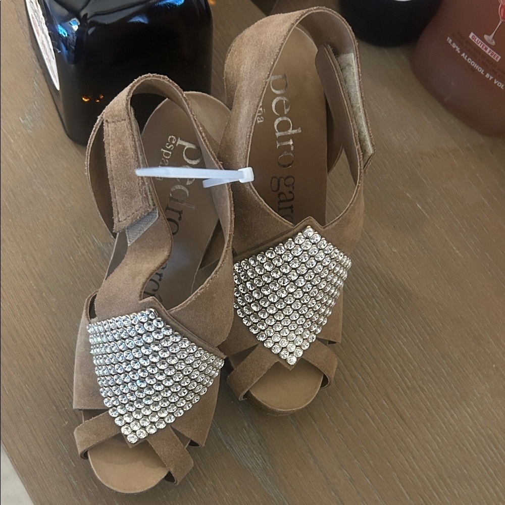 NWOT Pedro Garcia Tan Suede Heels Swarovski Crystals Sz 36 1/2